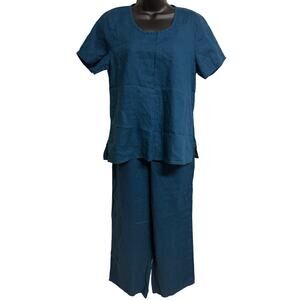 Flax Women Top Crop Pants Size P Teal Linen Short Sleeve Wide Leg Easy Care New